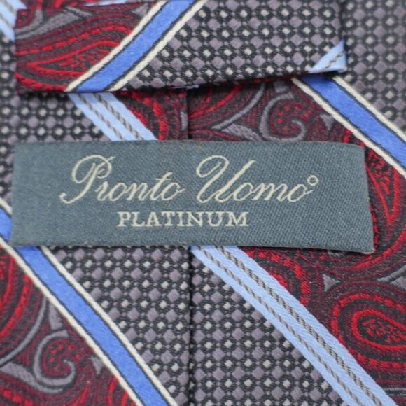 Pronto Uomo Red Gray Blue‎ Striped Paisley Striped Geometric Woven Long Silk Tie - Picture 3 of 7